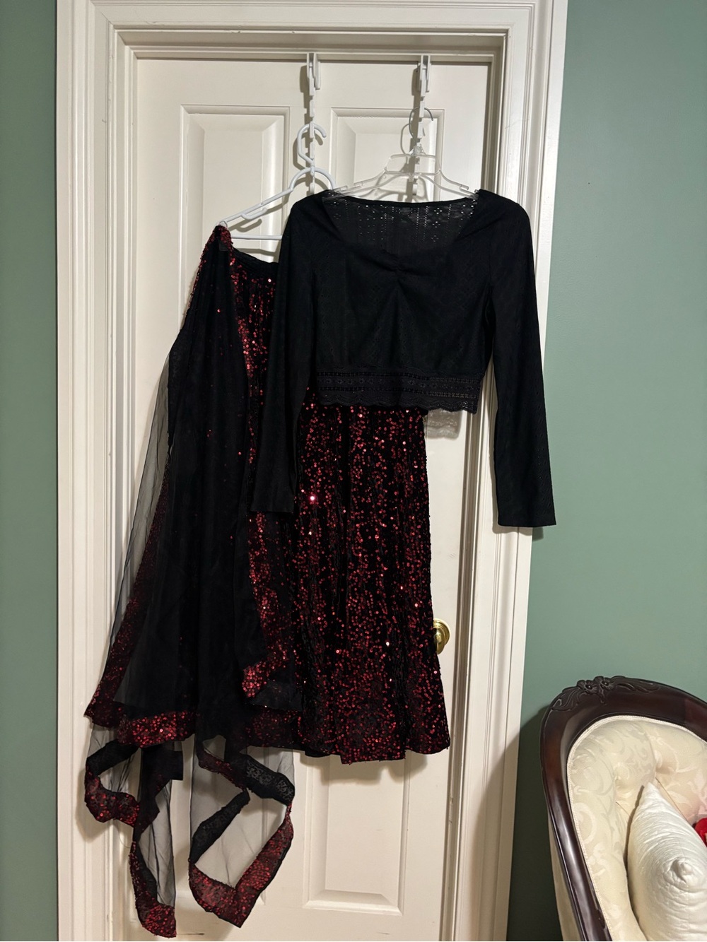 Black Top with Burgundy Sequin Skirt and Black Sheer Dupatta Large size